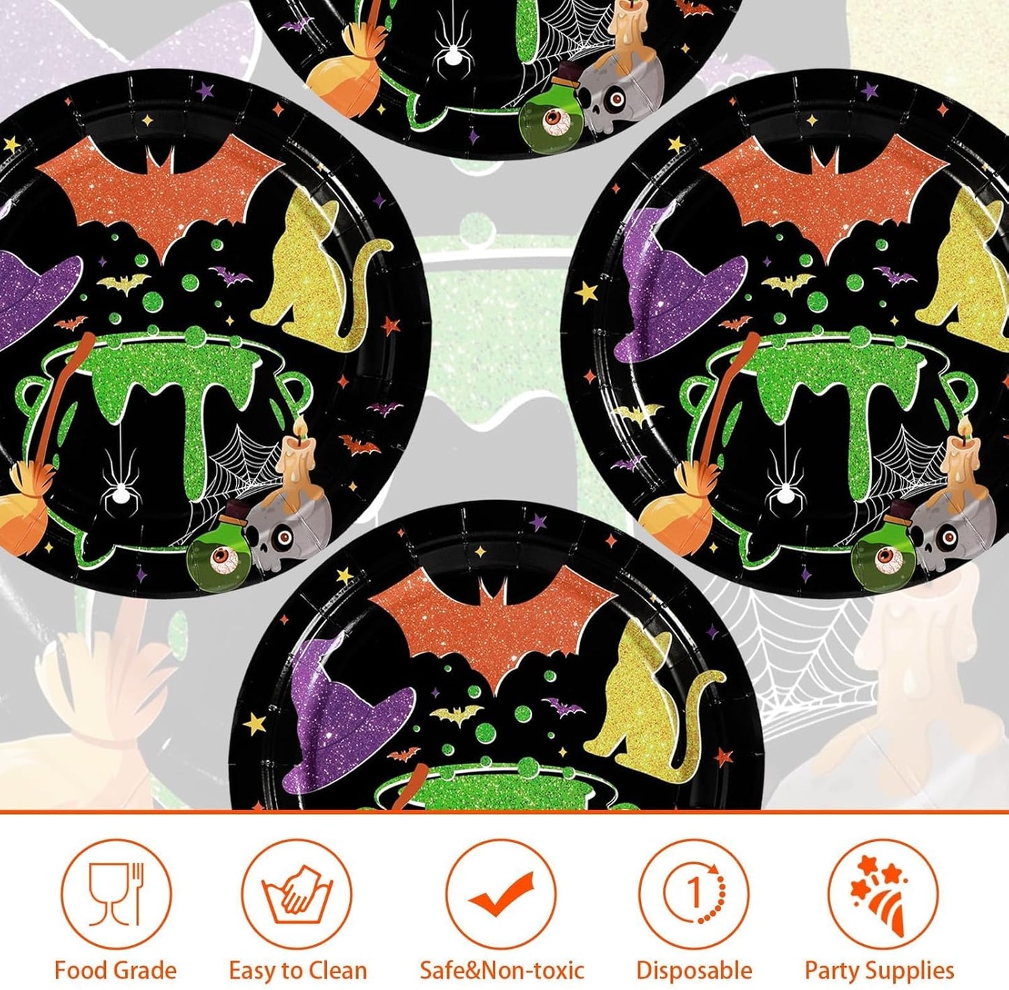 Grencian 50Pcs Halloween Hocus Pocus Plates 9" Day of The Dead Dessert Plates Witch Tableware Sets for Halloween Holiday Party Decorations