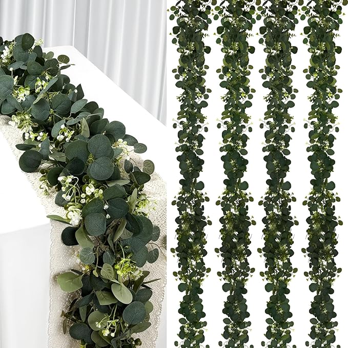 4Pcs Eucalyptus Garland with Lights, 6FT Green Flower Garland Decor, Artificial Faux Eucalyptus Leaves Greenery Vines for Table Runner Wedding Bedroom Mantle Centerpieces Backdrop Decorations (8)