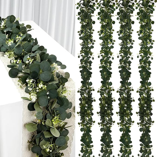 4Pcs Eucalyptus Garland with Lights, 6FT Green Flower Garland Decor, Artificial Faux Eucalyptus Leaves Greenery Vines for Table Runner Wedding Bedroom Mantle Centerpieces Backdrop Decorations (8)