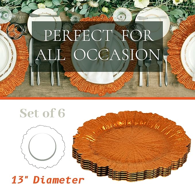 MAONAME Orange Charger Plates, Reef Plates Charger for Dinner Plate,13-inch Plastic Chargers for Wedding Decor, Set of 6