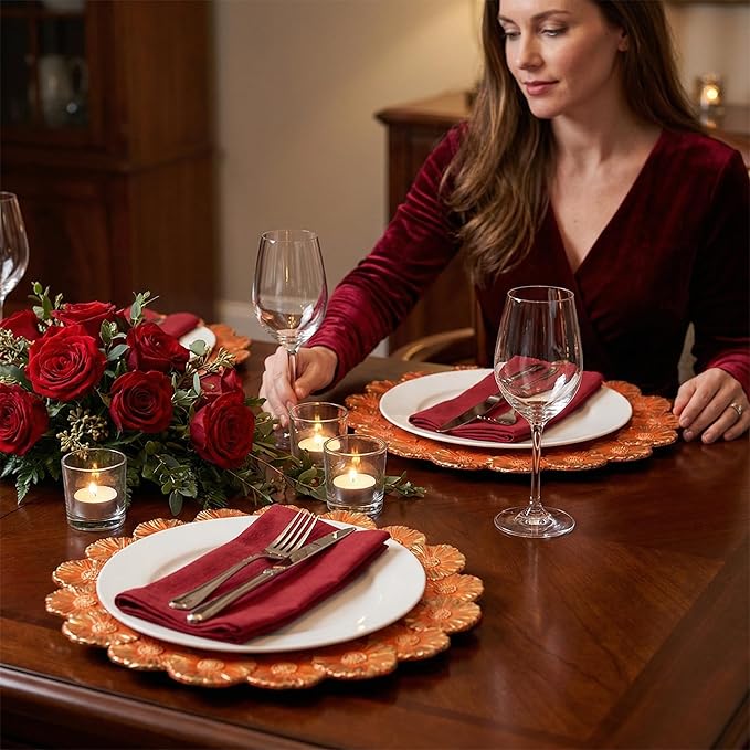 Orange Charger Plates with Flower Rim, 13" Round Charger for Dinner Plates, Set of 6 Plastic Plate Chargers for Halloween, Thanksgivng, Christmas.