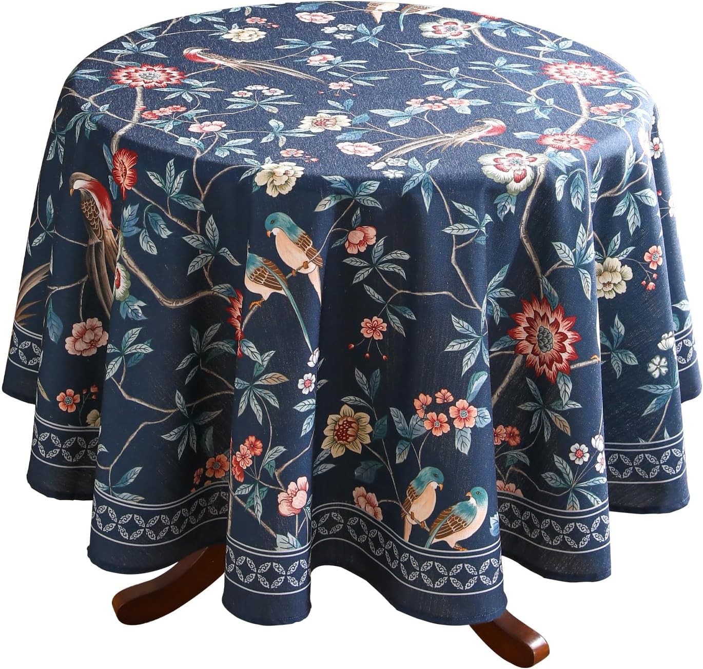 patdrea Designer Dark Blue Linen Round Tablecloth,Vintage Navy French Floral and Birds Pattern Table Cloth,Decoration Table Cover for Kitchen,Dining,Tea Party,Home,Christmas,Diameter 67"