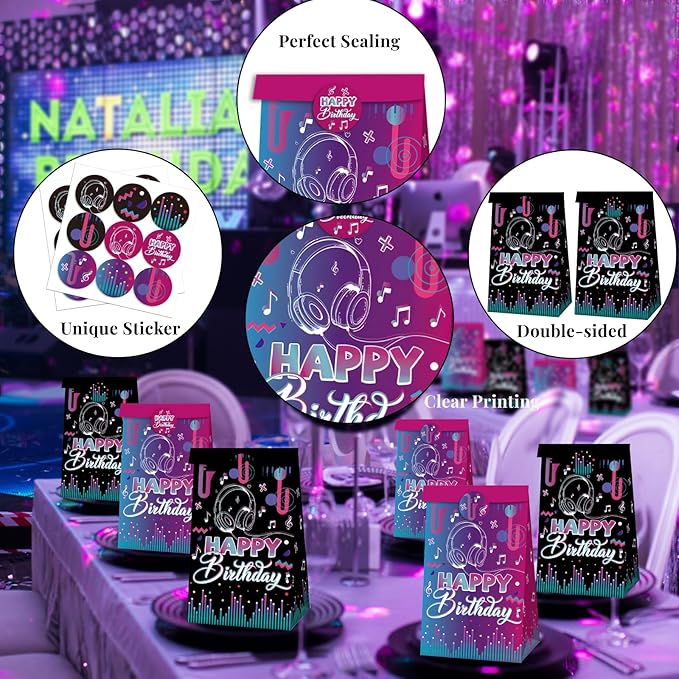 Happy Birthday Party Favors Gift Bags Candy Goodie Bag Black-Purple Decorations Treat Bag 2 Styles Popular Singer Music Paper Rack N Roll Wedding Bridal Baby Shower Decor(12 Pcs)