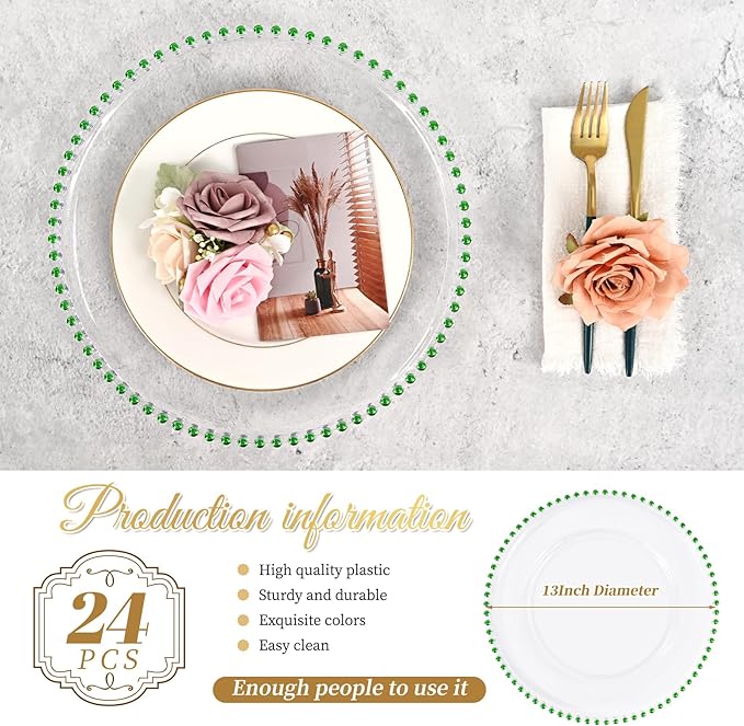 24 PCS Clear Round Charger Plates with Beaded Rim, 13 Inch Plastic Acrylic Plate, Plastic Round Beaded Dinner Decorative Service Plates for Wedding Party Event, Home Kitchen Tabletop(Green)
