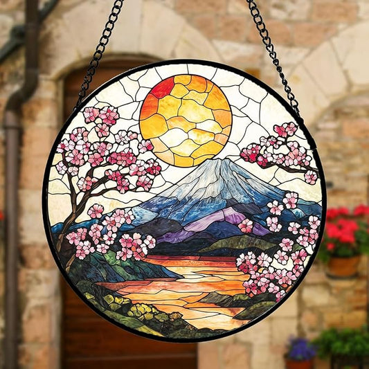 Stained Glass Window Hanging, Sun Blooming Cherry Blossoms Suncatcher Diamond Glass Panel Sun Catchers Decor for Birthday for Women, Men, Wife, Aunt, and Mom 14.9x14.9 in