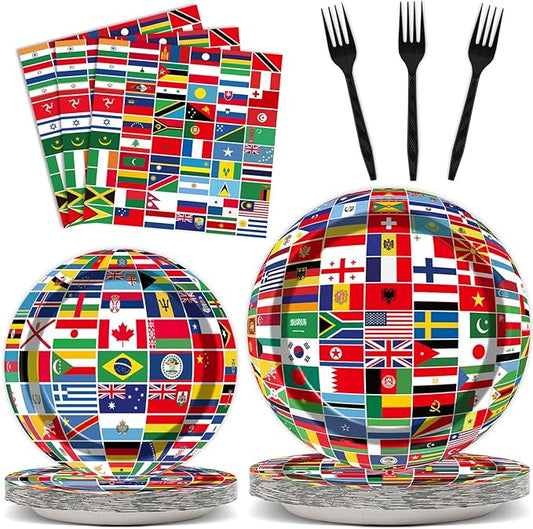 OBUSATT 96 Pcs International World Flags Party Supplies Country Flag Paper Plates Travel Trip Around the Globe and Napkins Forks party decorations for Birthday Baby Shower Serves 24 MG0165
