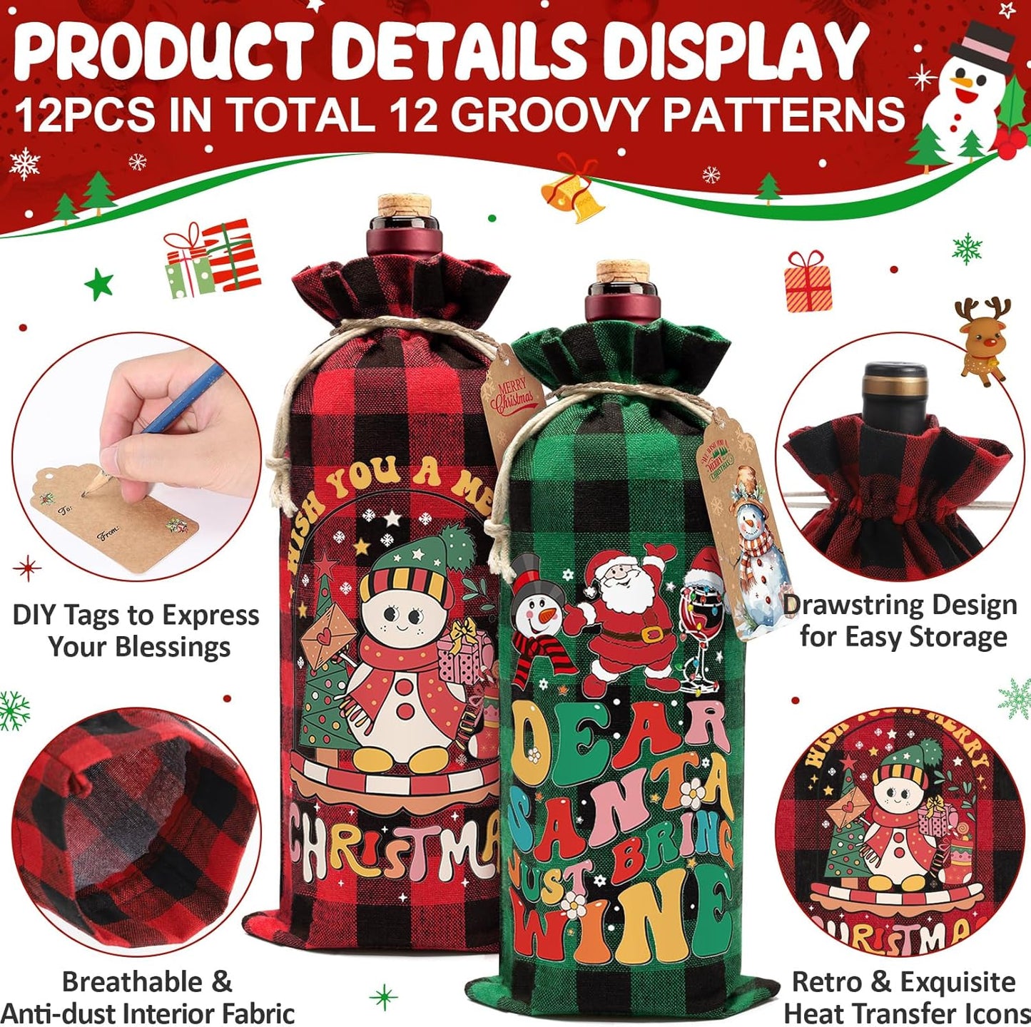 12PCS Burlap Wine Bag Christmas Wine Gift Bags, Drawstring Retro Christmas Bottle Cover Gift Bag w/ Tag, Buffalo Plaid Wines Bags for Bottles Gifts Reusable Bottle Covers for Xmas Holiday Party Decor