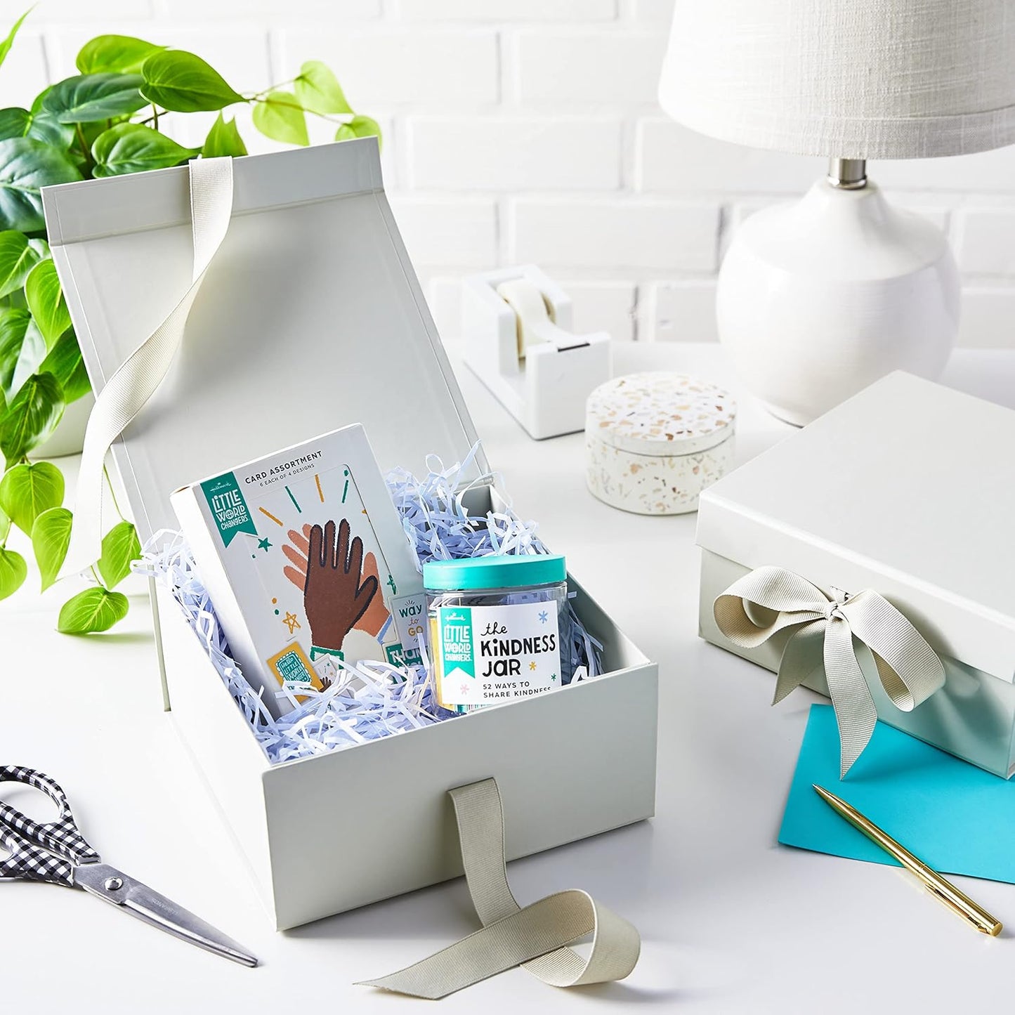 Hallmark Medium Gift Boxes with Bow and Shredded Paper Fill, Pack of 2 (Antique White 8 inch Box) for Weddings, Bridal Showers, Graduations, Birthdays, Bridesmaids Gifts, All Occasion