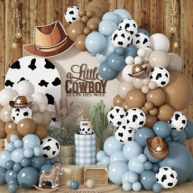 Cowboy Western Balloon Arch Kit, Dusty Blue Brown Double Stuffed Sand White Balloon Garland with Cow Print Balloons for Boys Western Cowboy Theme Birthday First Rodeo Baby Boy Shower Party Decorations