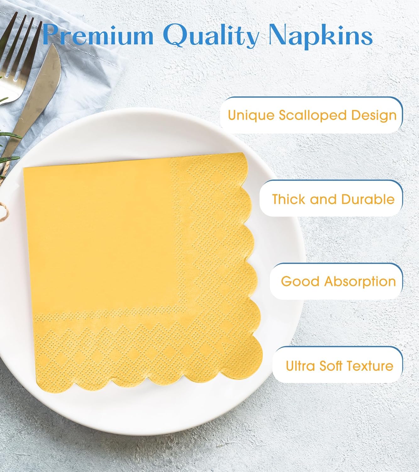 100 Pack Cocktail Napkins, 3-Ply Scalloped Edged Wedding Napkins Folded 5 x 5 Inches Dessert Napkins, Disposable Napkins for Dinner Birthday Party Bridal Anniversary Baby Shower Reception (Yellow)
