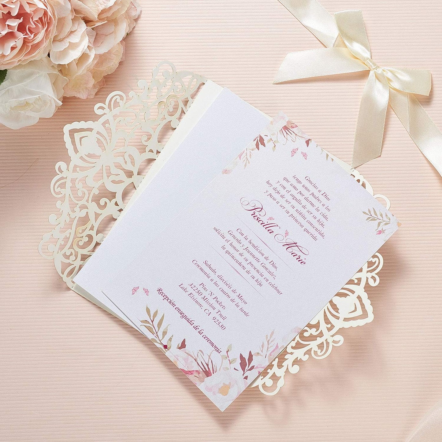 50Pcs Glitter Floral Laser Cut Wedding Invitation Cards with Envelope Blank Inner Sheet and Ribbon for Wedding Engagement Bridal Shower Party Invite(7.09 X 4.92inch, Gold)