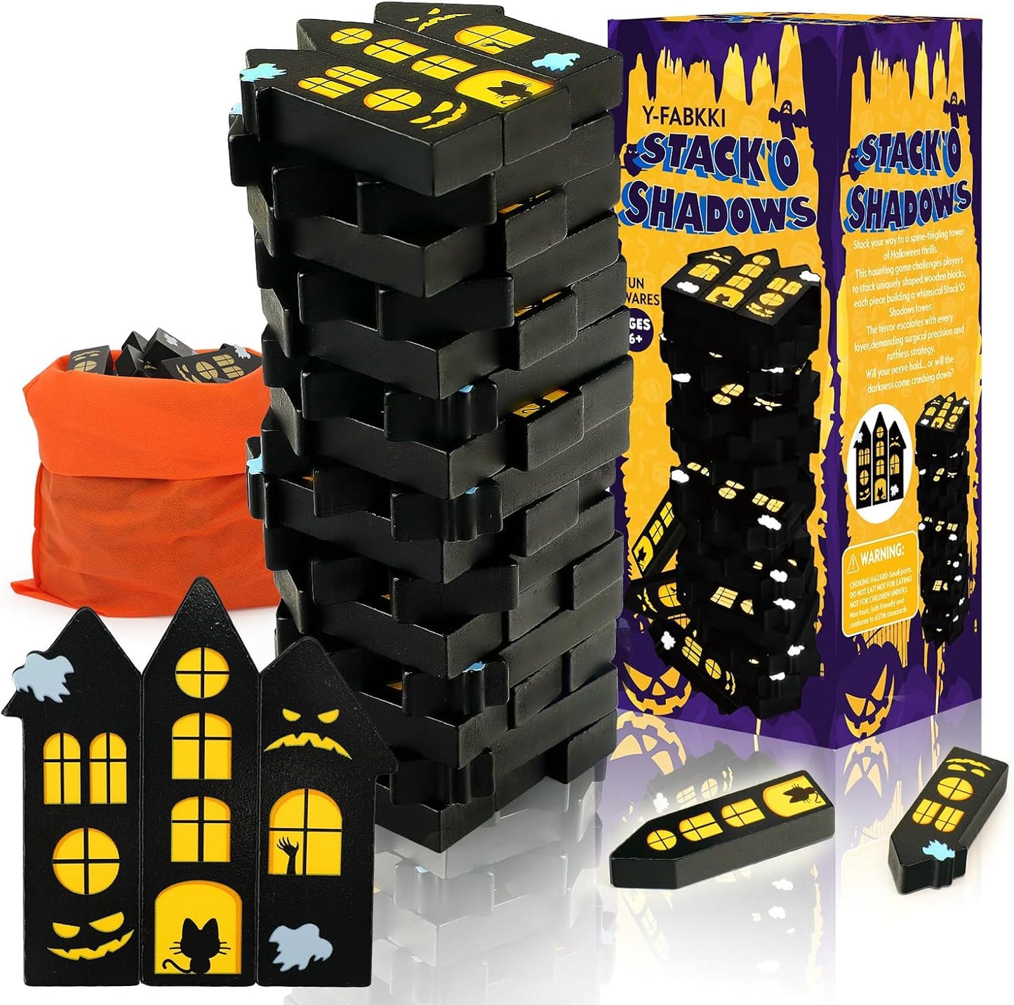 Halloween Wooden Blocks Stacking Games, Haunted Castle Theme Tumbling Tower and Balance Game for Adults, Kids, and Family Party, Stacking Board Toy with Storage Bag, Halloween Party Activities Gifts