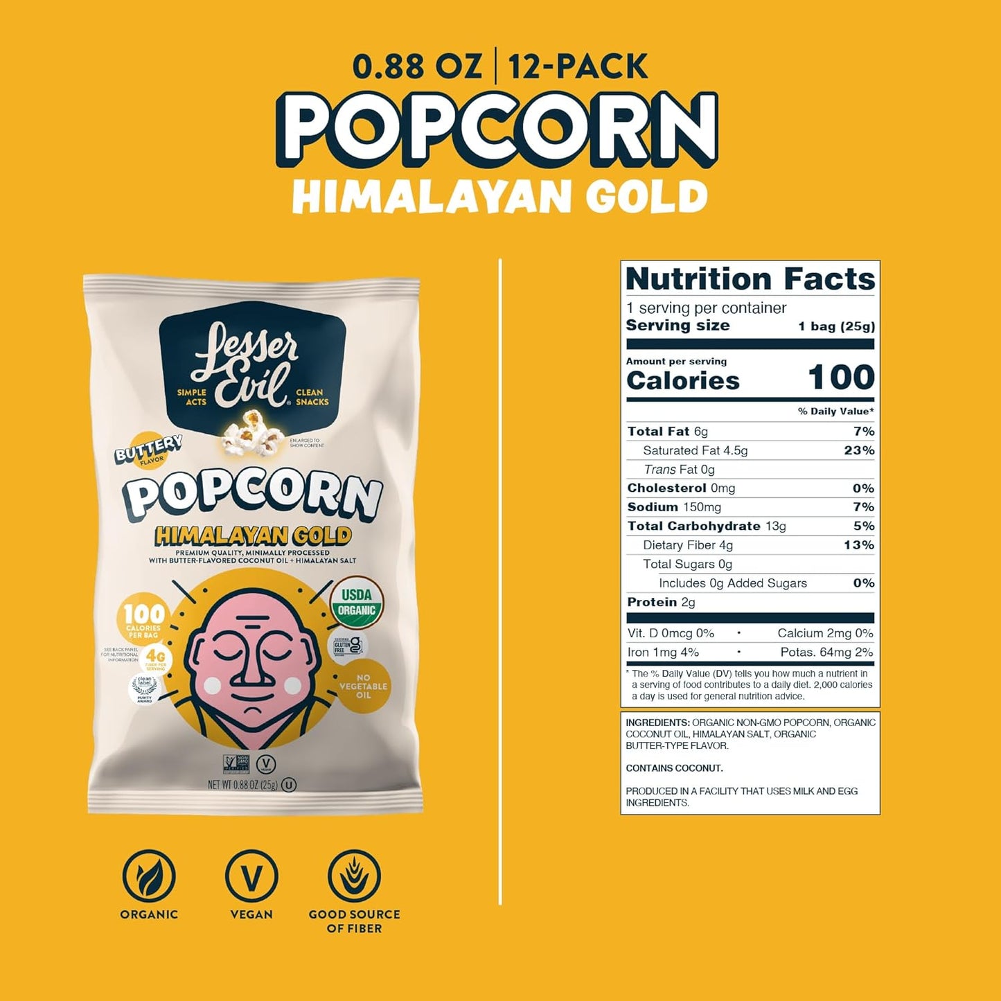 LesserEvil Himalayan Gold Salt Organic Popcorn, Premium Quality, Minimally Processed, No Vegetable Oil, 0.88 oz (Pack of 12)