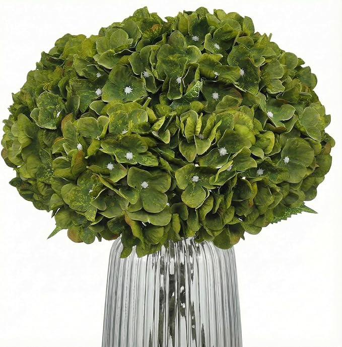2Bouquets Artificial Fake Flowers Plants Silk Hydrangea Arrangements Wedding Bouquets Decorations Plastic Floral Home Kitchen Garden Party Festival Bar DIY(Olive Green,5 Flower Heads)