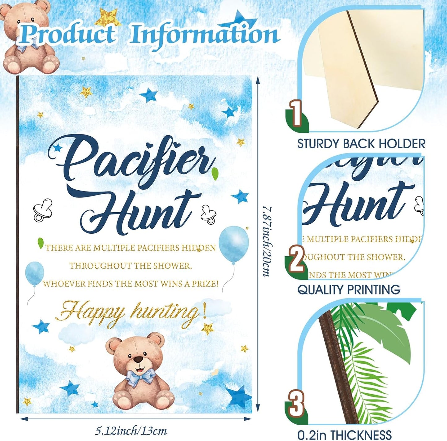 Thyle 51 Pcs Pacifier Hunt Baby Shower Games Include Hunt Sign and 50 Acrylic Pacifiers for Baby Shower Game Decoration Gift Sets Gender Reveal Party Decor(Blue Bear)