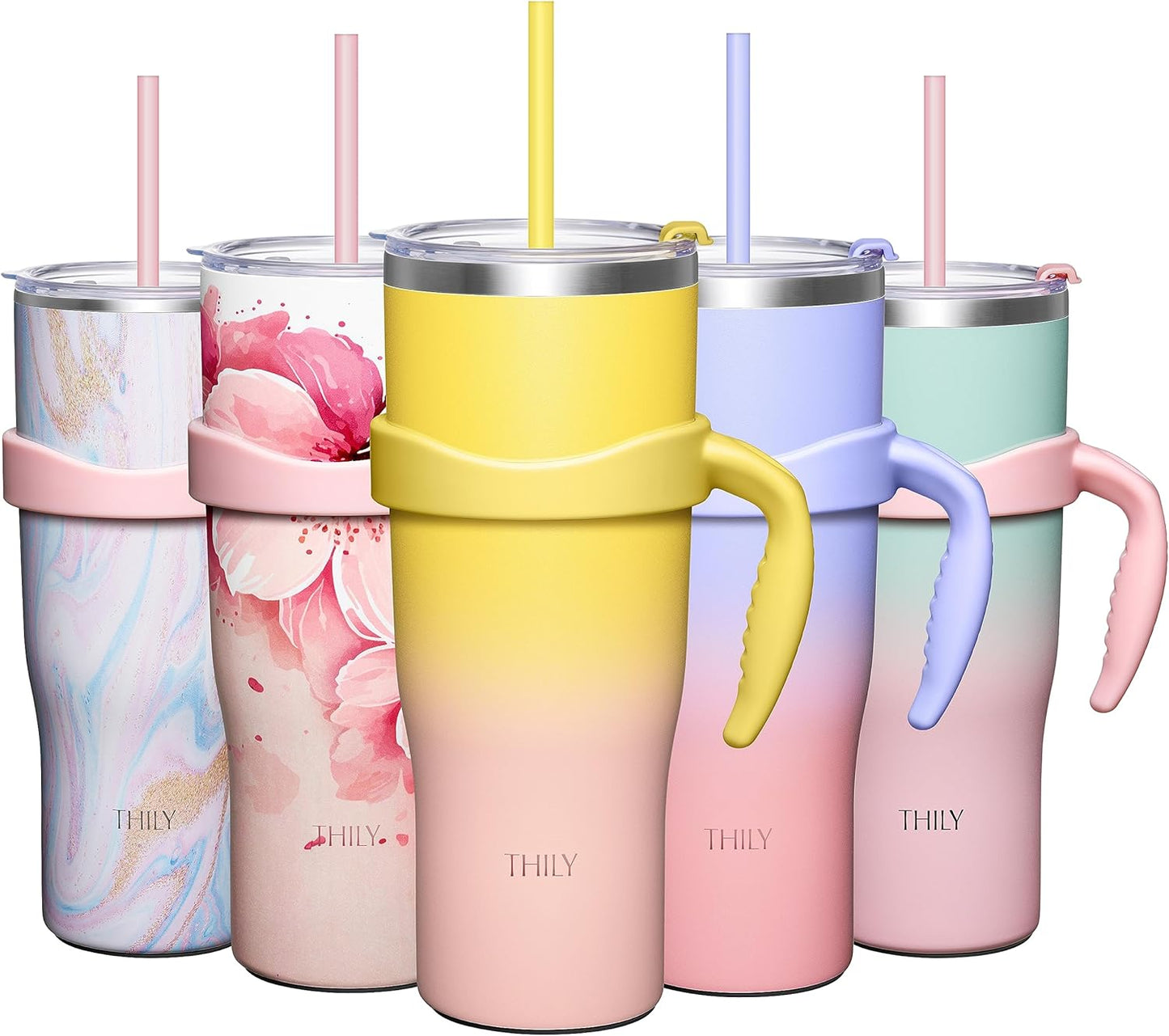 THILY 40 oz Insulated Tumbler with Handle - Stainless Steel Coffee Travel Mug with Lid and Straws, Keep Drinks Cold for 34 Hours or Hot for 12 Hours, BPA Free, Sunset
