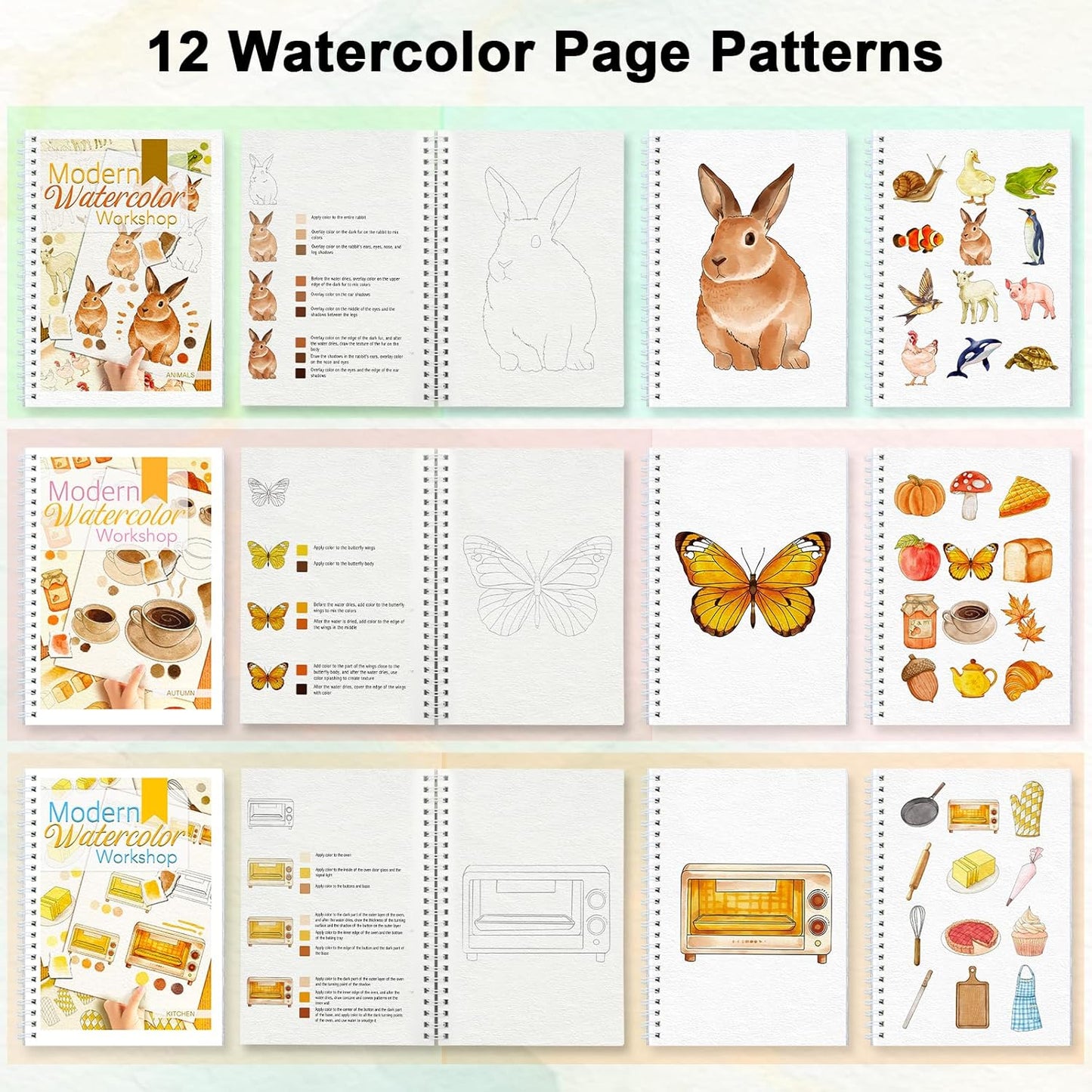 Watercolor Workbooks with Step by Step for Adults Teens - Beginner Watercolor Workbook with 12 Coloring Book Pages -100% Cotton 300gsm/140lb Watercolor Paper(Kitchen)