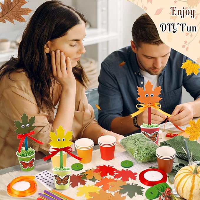 30 Set Fall Flower Paper Pot Craft Kits - Make Your own Standing Autumn Maple Leaf Gift Crafts Decorations,DIY Thankful Flower Pot Decor Home School Classroom Art Activities for Thanksgiving