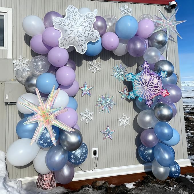 Purple Blue Balloon Garland 135pcs, Pearl Light Purple Blue White Silver Snowflake Balloon Arch with Foil Snow Iridescent Star Balloons for Winter Wonderland Baby Shower Birthday Christmas Party Decor