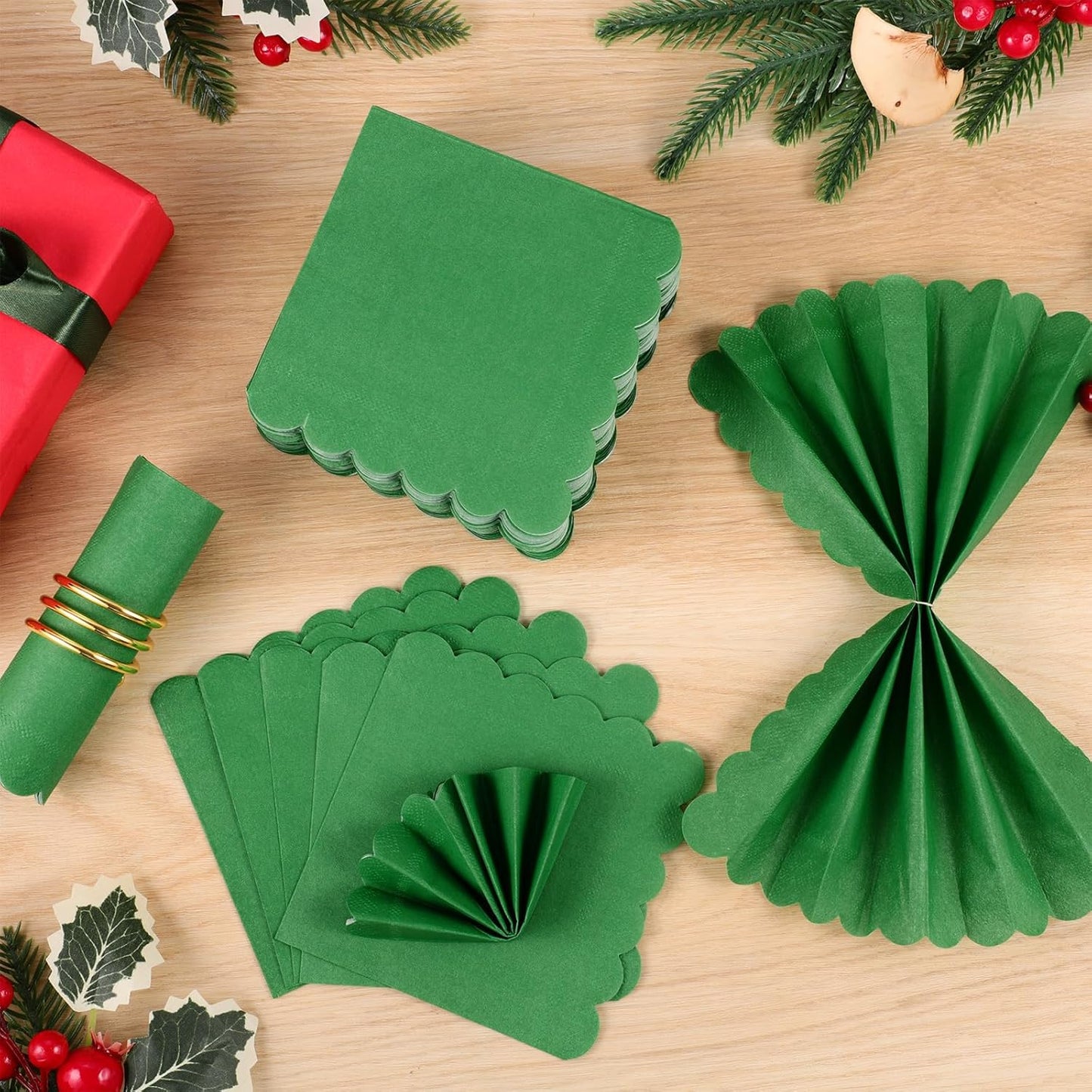 120 Pcs Green Napkins,Scalloped Christmas Napkins Green Beverage Dessert Napkin for Christmas Birthday Wedding Baby Shower, 5 x 5 Inch