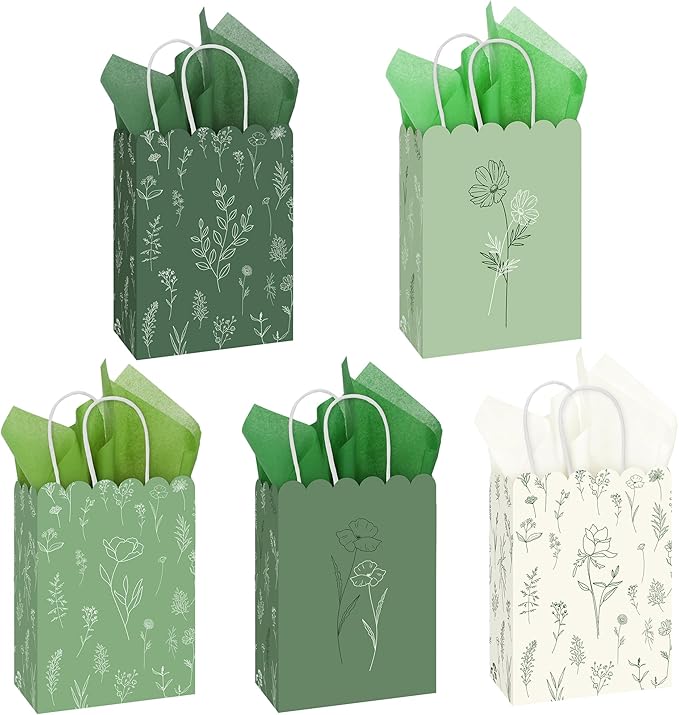 MIMIND 120 Pcs Sage Green Wildflower Gift Bags with Handles Reusable Floral Paper Bags with Tissue Paper for Weddings Birthdays Baby Shower Party Favors