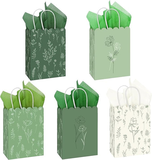 MIMIND 120 Pcs Sage Green Wildflower Gift Bags with Handles Reusable Floral Paper Bags with Tissue Paper for Weddings Birthdays Baby Shower Party Favors