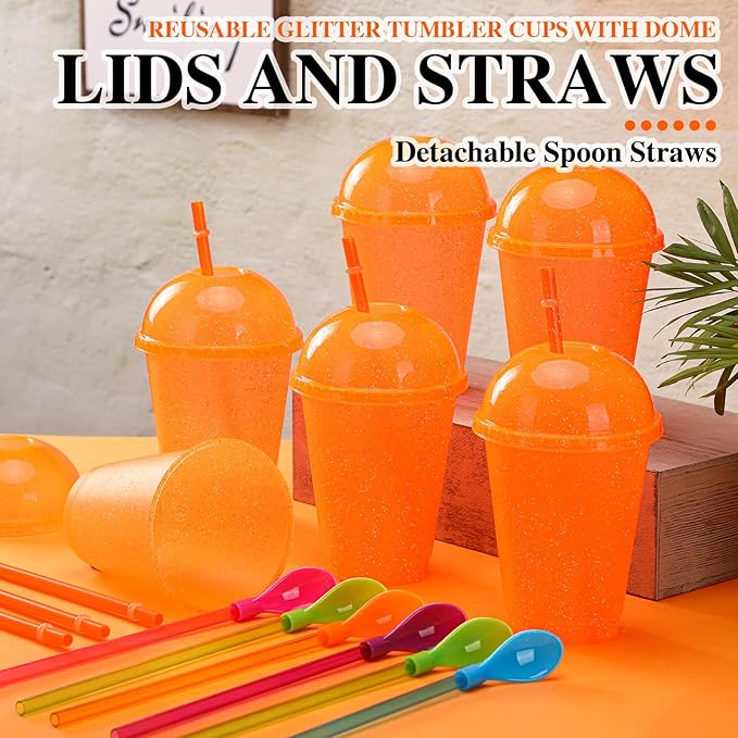 6 Set Slushie Cups with Dome Lids and Straws Detachable Spoon Straws Reusable Plastic Iced Coffee Cups Smoothie Tumbler for Birthdays Summer Party Supplies(Orange,16 oz)