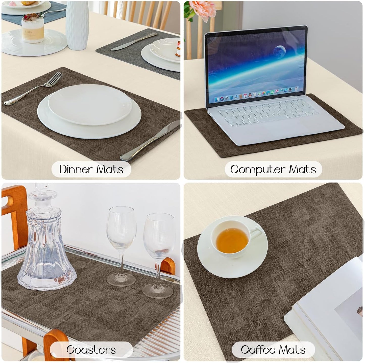 Romanstile Reversible Vinyl Placemats Set of 8, Faux Leather 100% Waterproof Oil-Proof Wipeable Place Mats, Heat Resistant Dual Sided Table Mats for Kitchen/Dining/Party (Grey Brown, 12 x 17 Inch)