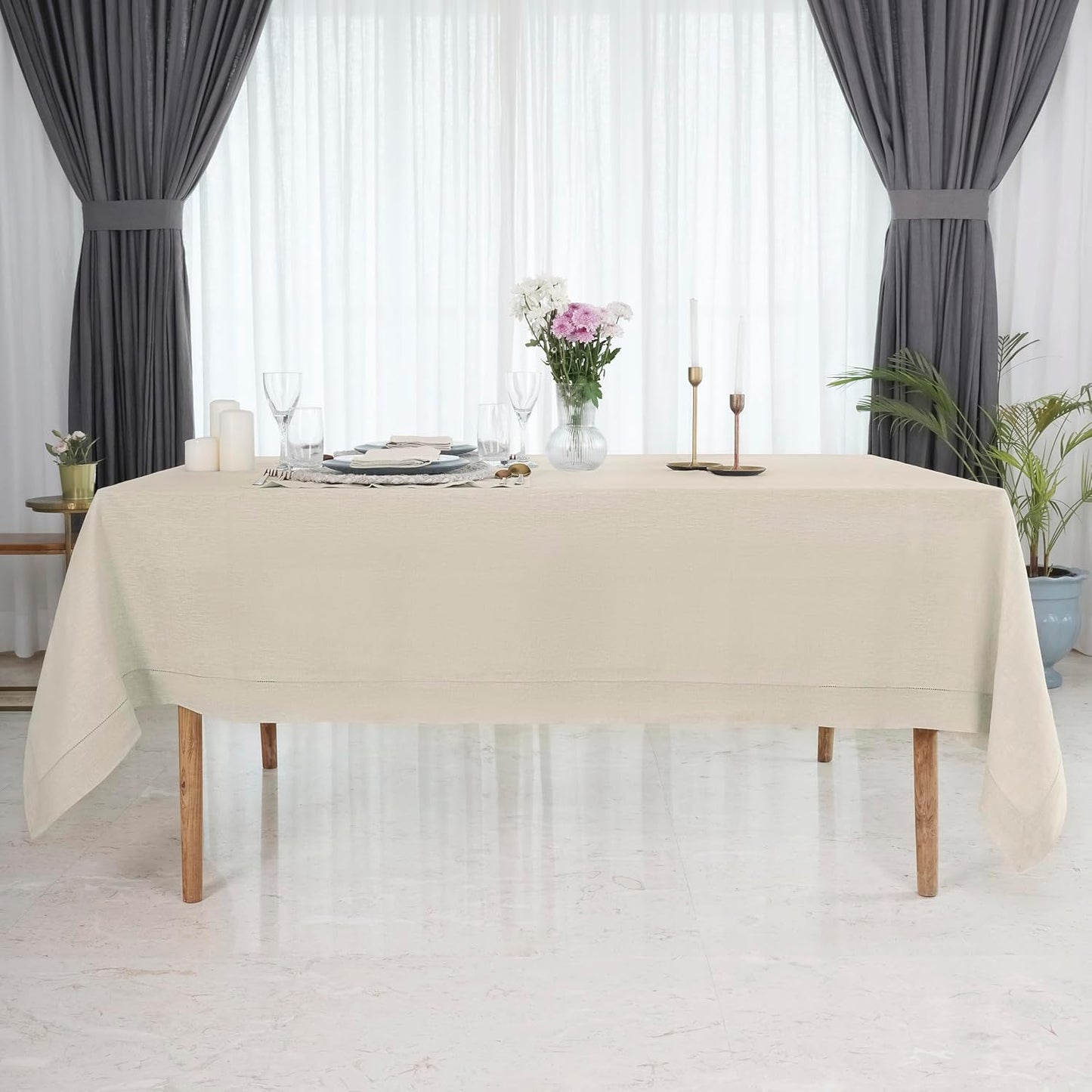 D'Moksha Homes Light Natural Linen Tablecloth 60 x 156 Inch - 100% Pure Linen Natural Tablecloth for Rectangle Tables - Classic Hemstitch, Machine Washable Table Cloth for Fall, Autumn and Halloween