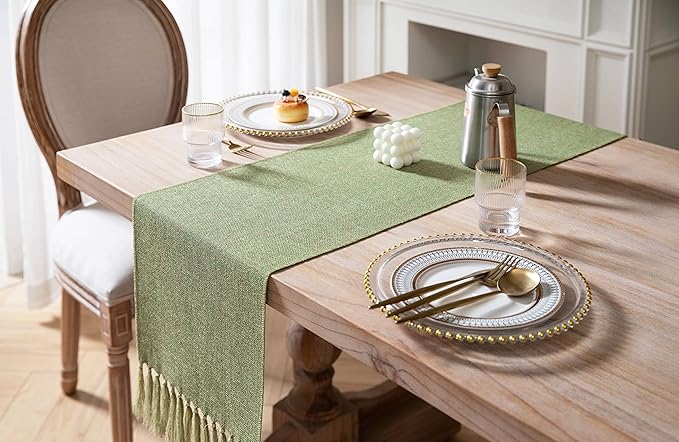 ZeeMart Green Table Runners 90 Inches Long, Burlap Linen Style Rustic Farmhouse Table Runner, Long Boho Dining Table Runner, 13x90 Inches, Grass Green