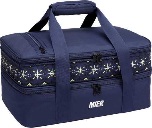 MIER Insulated Double Casserole Carrier Bag for Lasagna Lugger, Potluck Parties, Picnic, Beach, Fits 9 x 13 Inches Baking Dish, Casserole Dish, Expandable, Dark Blue