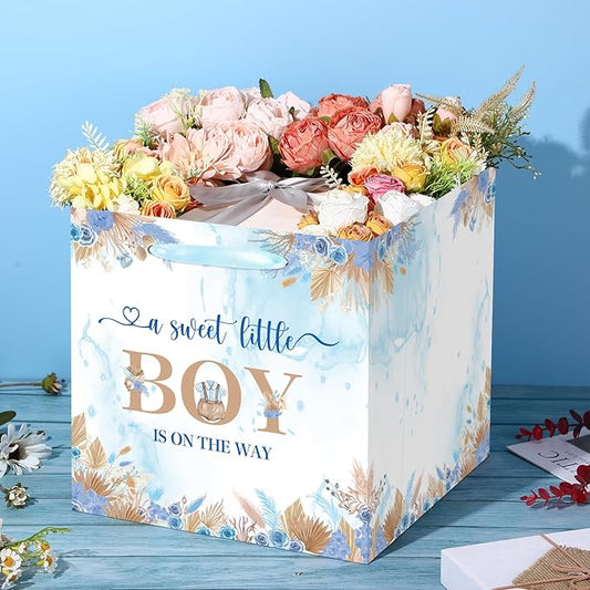 Woosytoo Sweet Baby Boy Gift Bag, Extra Large Baby Shower Square Gift Bags Blue Floral Jumbo Gifts Bag A Sweet Little Boy is on The Way Wrapping Paper Bag for Newborn Gender Reveal Party Favors