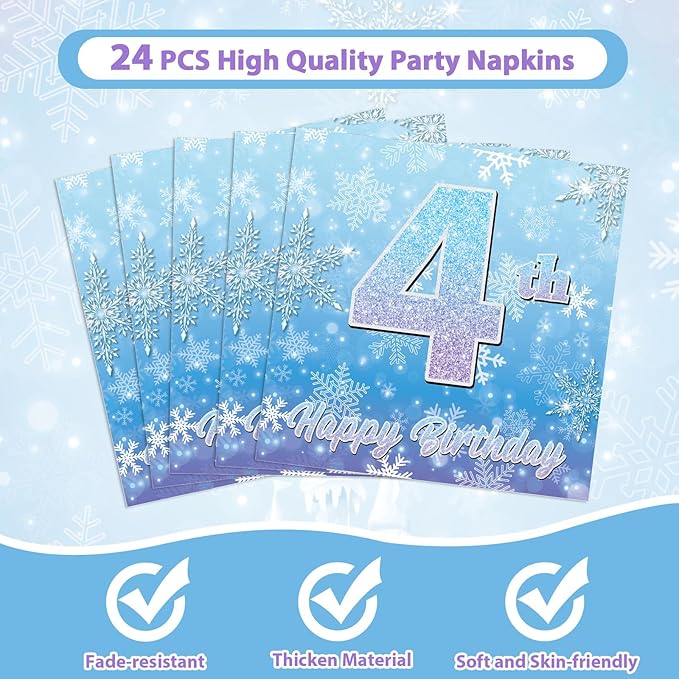 Snowflake Winter Wonderland 4th Birthday Paper Plates Napkins Forks Disposable Dinnerware Happy 4th Birthday Blue and Purple Winter Snowflake Tableware for Kids Christmas onderland Party Decorations