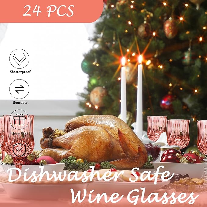 Plastic Wine Glasses, Plastic Goblets Vintage Style Cordial Unbreakable Drinking Glasses, Reusable Drinkware for Wedding Reception, Grand Event Party Supplies, Easter (24, Rose Gold)