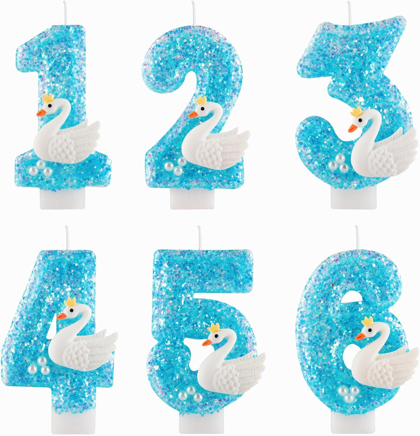 Girls Blue Lake White Pearls Swan Glitter 2 Birthday Number Candles for Girls 2 Birthday Cakes Swan Themed Birthday Decorations Party Favors