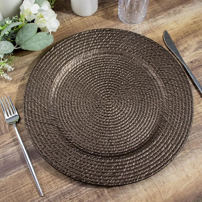Efavormart 6 Pack | 13" Natural Brown Acrylic Plastic Rattan-Like Charger Plates, Round Disposable Dinner Serving Plates