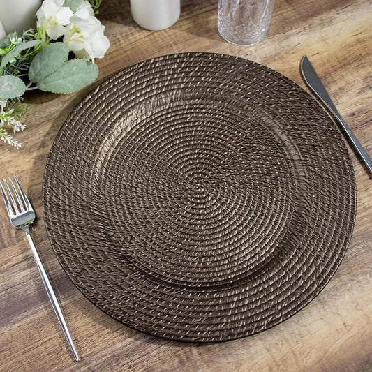 Efavormart 6 Pack | 13" Natural Brown Acrylic Plastic Rattan-Like Charger Plates, Round Disposable Dinner Serving Plates
