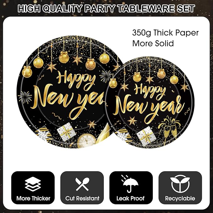 82 Pcs New Years Eve Party Supplies 2026 Set - Black Gold Happy New Year Decorations Kit, Including New Year Plates Napkins Cups Tablecloth and Banner for 2026 Happy New Years Party Decor Supply Favor