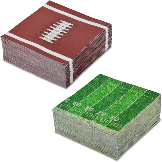 80 Pcs Football Birthday Party Supplies Disposable Paper Cocktail Napkins for Tailgate Party Decorations, Assorted 40 Pack Football Field Design and 40 Pack of football Pattern, Total 80 Pack