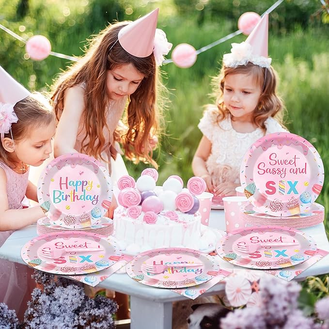 96 PCS Donut Party Tableware 6th Birthday Plates and Napkins Decorations Disposable Donuts Happy Birthday Party Tableware Supplies Sweet Sassy 6th Plates Napkins Decor for Kids Gatherings Decorations