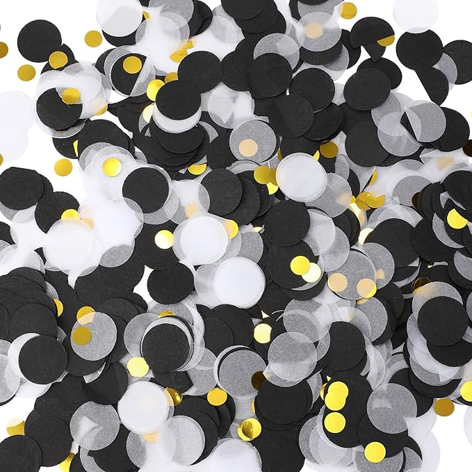TecUnite Black White Gold Confetti Round Tissue Paper Table Confetti Dots for Wedding Birthday Party Decoration Arts Craft DIY Scrapbooking, 1.76 oz (2.5 cm)