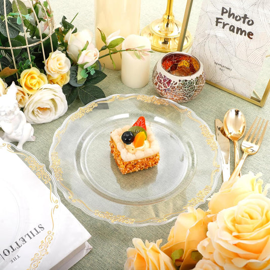 DaYammi 60PCS Clear Gold Plastic Plates Fancy Heavy Duty Clear Disposable Plates Premium 10.25inch Dinner Plates with Gold Rim Hard Plastic Plates Disposable for Party and Wedding