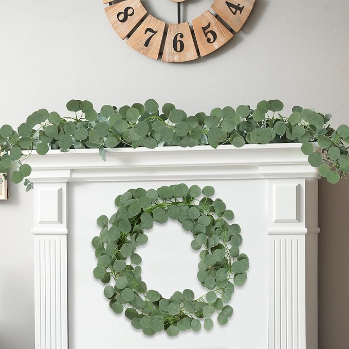Sggvecsy 8Pcs Artificial Eucalyptus Garland Greenery Leaves Silk Vines Silver Dollar Leaves Faux Leaf Plants for Wedding Wall Table Party Home Fireplace Bedroom Decor