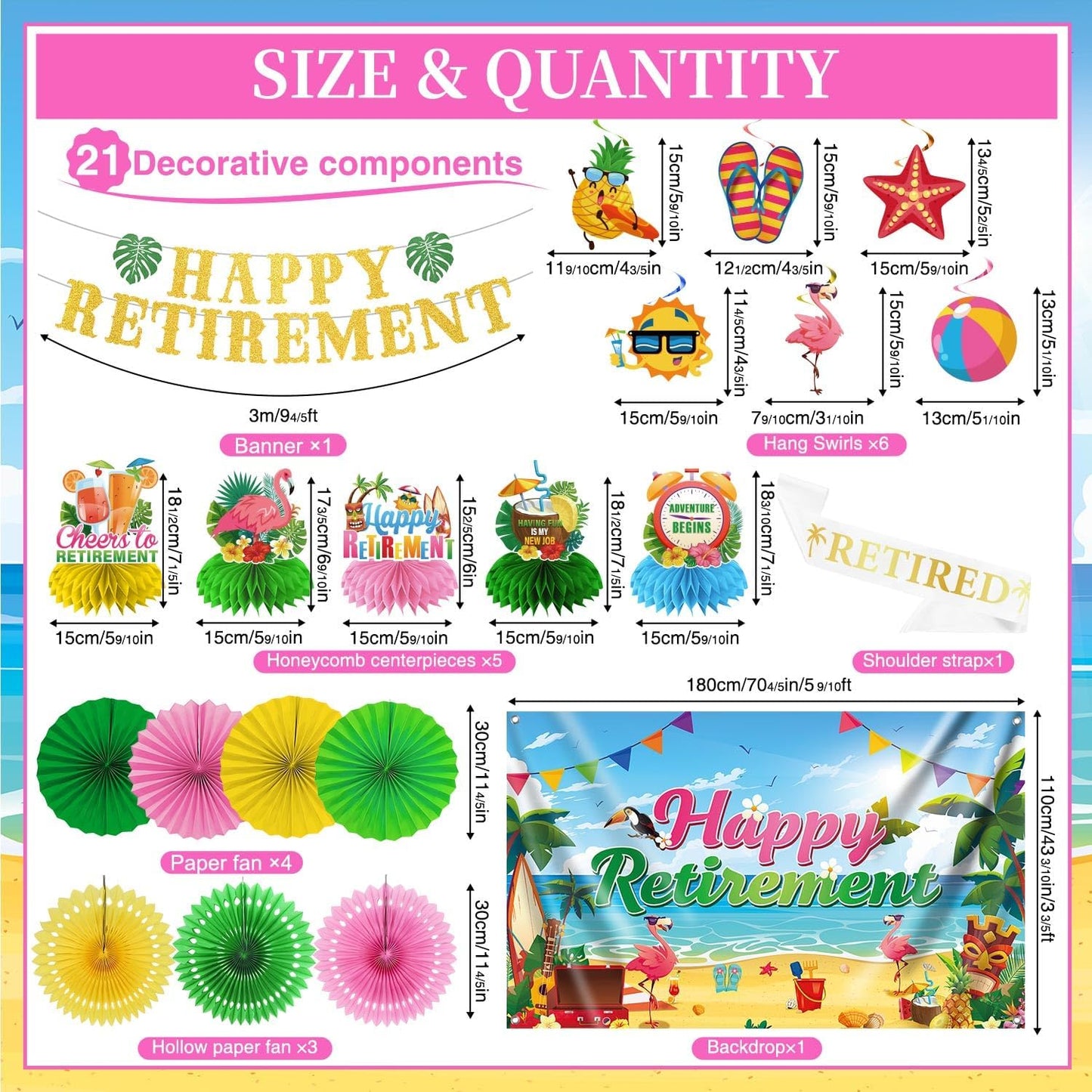 Luau Hawaiian Retirement Party Decorations, 23Pcs Beach Retirement Party Happy Retire ment Banner Backdrop, Tropical Retire ment Decorations Honeycomb Centerpieces Hanging Swirls Paper Fans
