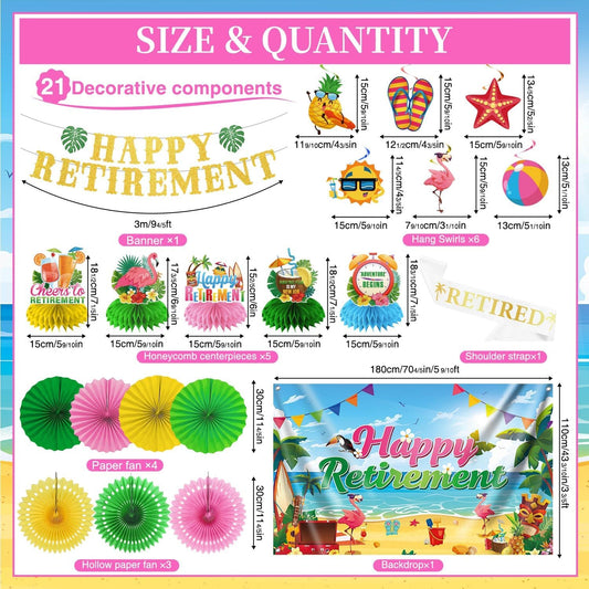 Luau Hawaiian Retirement Party Decorations, 23Pcs Beach Retirement Party Happy Retire ment Banner Backdrop, Tropical Retire ment Decorations Honeycomb Centerpieces Hanging Swirls Paper Fans