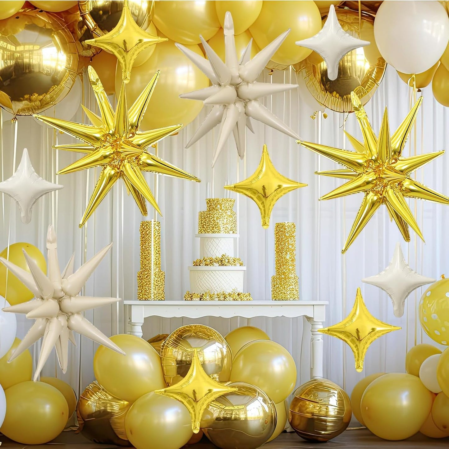 Sand White Gold Star Balloon,Gold Cream White 6Pcs 22Inch Explosion Star Balloons and 10Pcs 10Inch Four Angle Balloons Kit for Birthday Anniversary Baby Shower Wedding Party Decorations