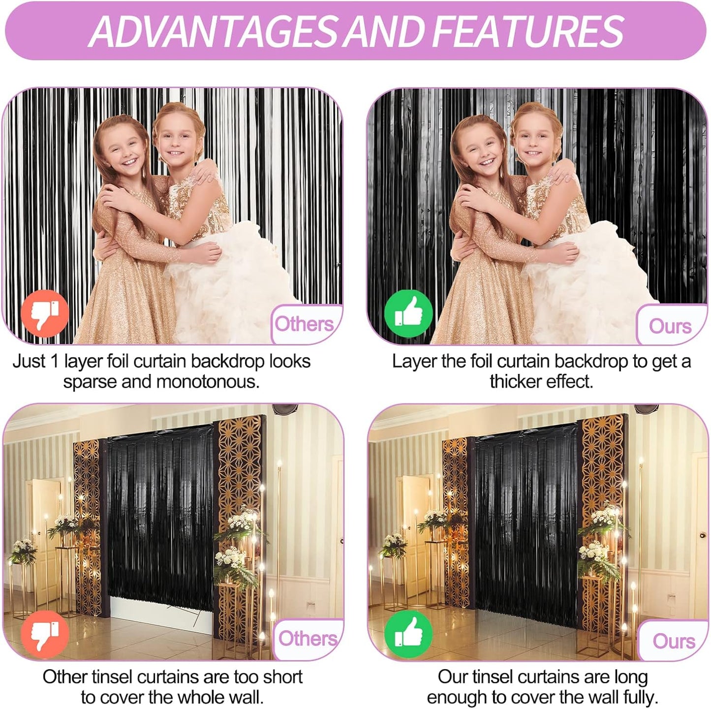 Crosize 5 Pack 3.3 x 9.9 ft Black Foil Fringe Curtains Party Decorations, Black Tinsel Curtain Backdrop for Parties, Door Streamers, Glitter Streamer Backdrop for Birthday Decoration