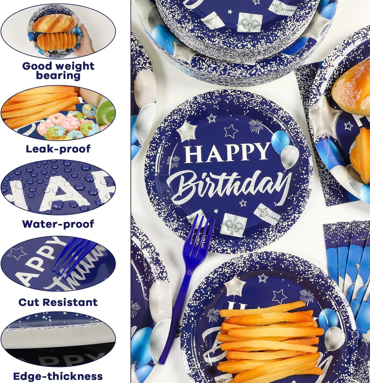 50 Guests Blue Birthday Plates Napkins Happy Birthday Plates Navy Blue and Silver Happy Birthday Plates for Men Women Disposable Paper Plates Napkins Forks Party Decorations Tableware Set 200 PCS