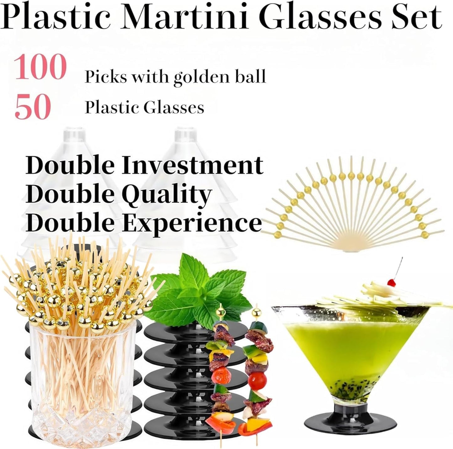 50 Clear Disposable Plastic Martini Glasses for Parties 5oz, with 100 Cocktail Picks Bundle, Martini Cups for Wine Ice Cream Fruit