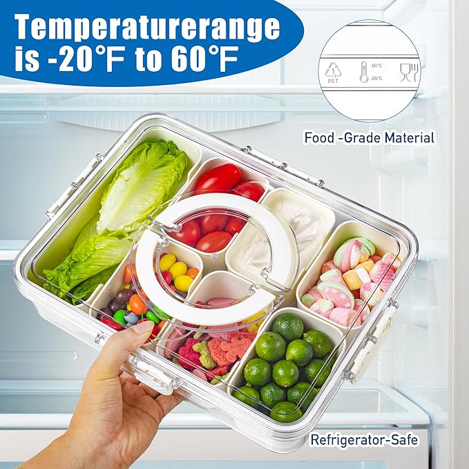Bandesun Divided Serving Tray with Lid and Handle - Snackle Box Charcuterie Container for Portable Snack Platters - Ideal for Party and Entertaining - Clear Organizer for Candy, Fruits and Nuts